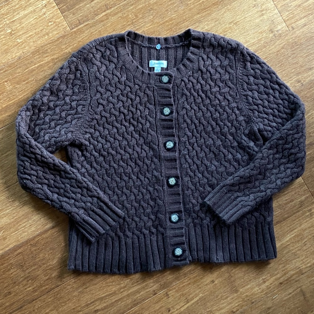 Brown cable knit button-up cardigan